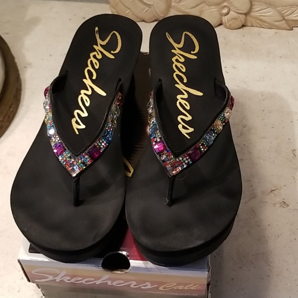 Skechers black/ colorful gems platform sandals 8